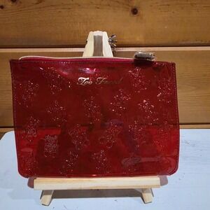 Too Faced Cinnamon Bear Makeup Bag Pouch Holder Red Gold Hardware